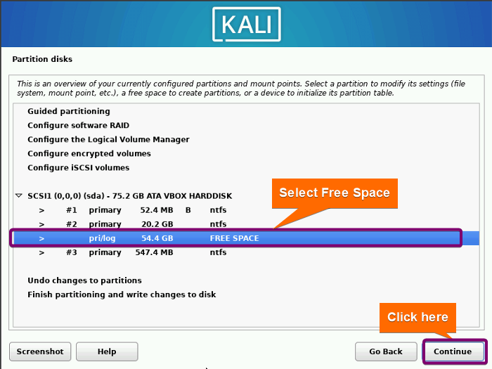 Click on the free space partitioning