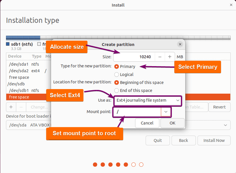 setting partition for root