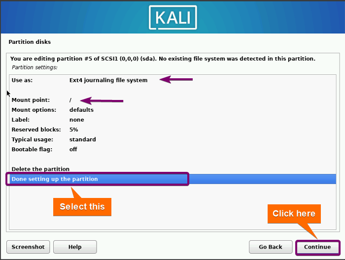Click on finish partitioning