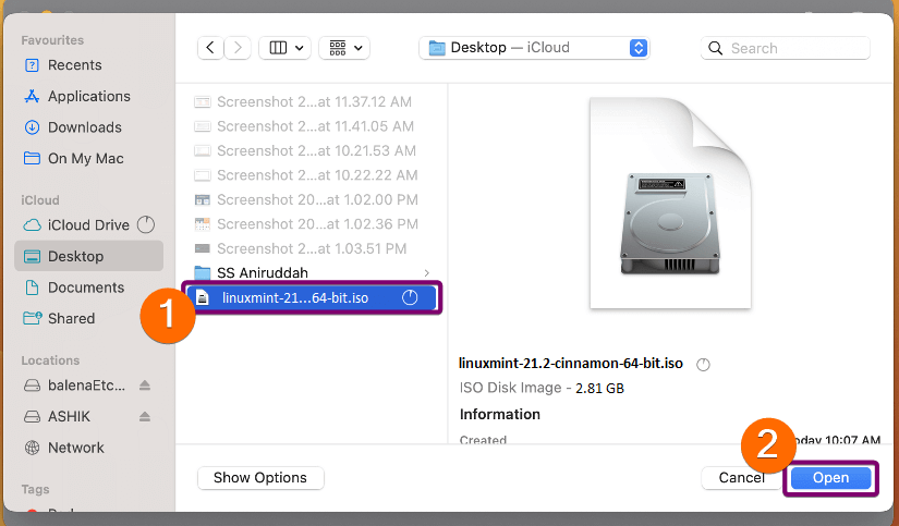 Select the ISO file of Linux mint from the downloaded location