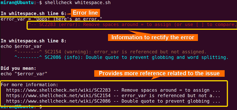 Debugging bash script with shellcheck command