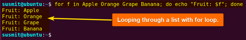 Looping through a list with one line bash for loop.