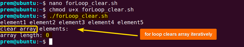 for loop clears a bash array
