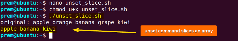 unset command slices a Bash array