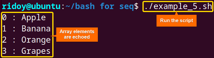 Array Element iteration using the seq command and for loop