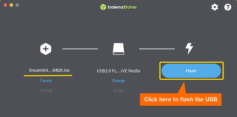Click on flash to start flashing the ISO into the USB