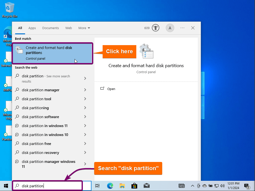 Search for disk partition in the start menu