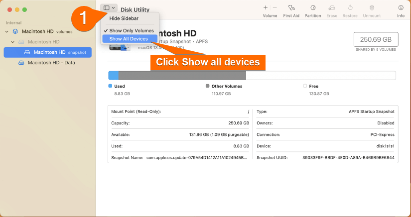Selecting show all devices from the view pane.