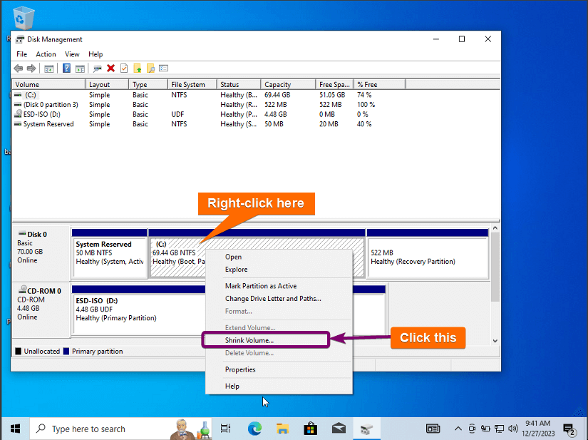 Right Click on shrink volume