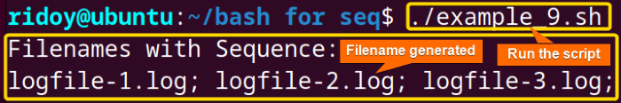 Filenames generation using the seq command and for loop