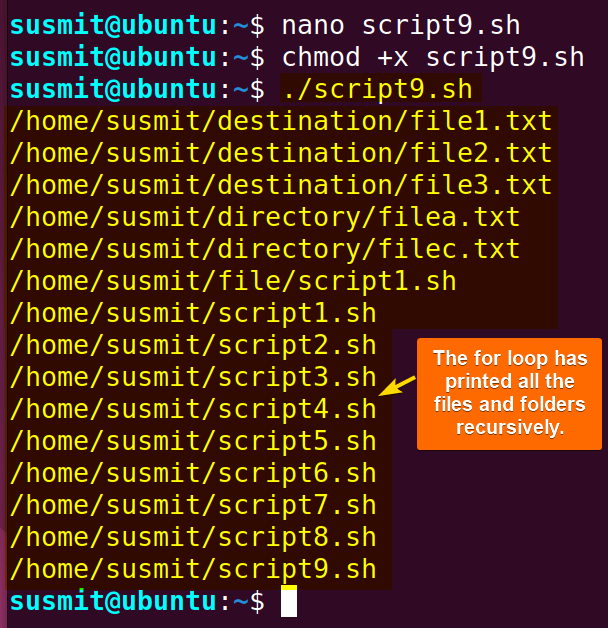 The for loop has printed all the files and folders recursively.