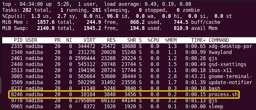 Using "top" command to check if a process is running