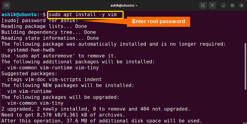 installing vim using apt