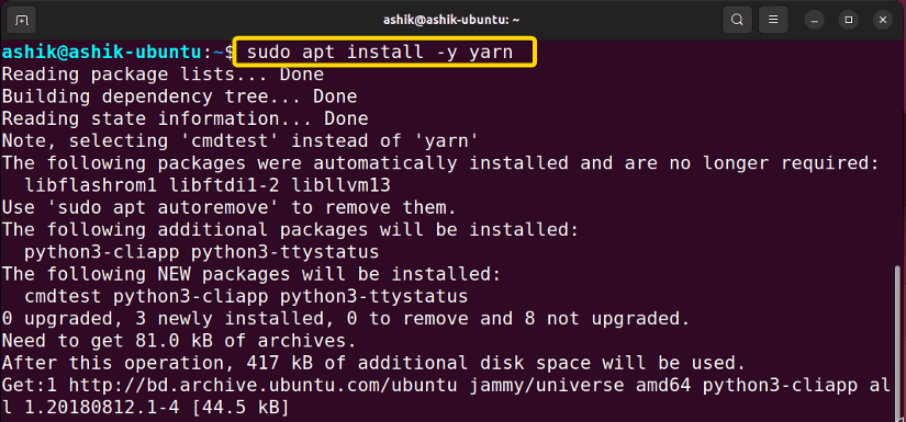 apt installing yarn