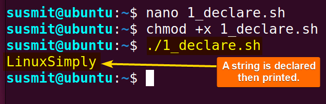 A string variable is declared using string function in bash then printed.