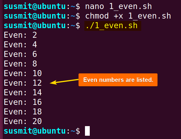 Even numbers are listed on the terminal.