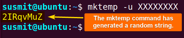 The mktemp command has generated a random string.