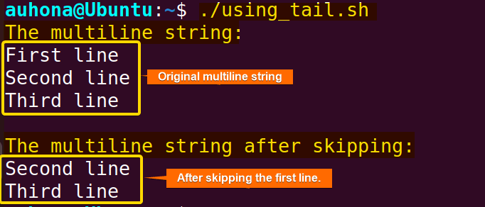 Bash skip the first line of a multiline string using the "tail" command.