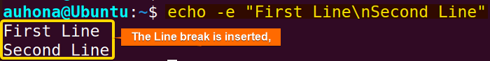 Echo line breaks within text using the "echo" command with the "-e" option.