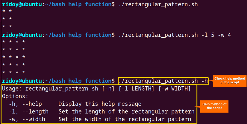 In bash scripting add the help method within a function using "getopts" command