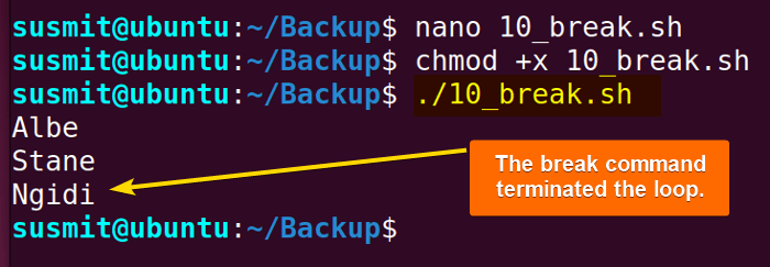 Termination of loop with break command.