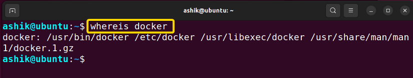 getting docker path with whereis docker command