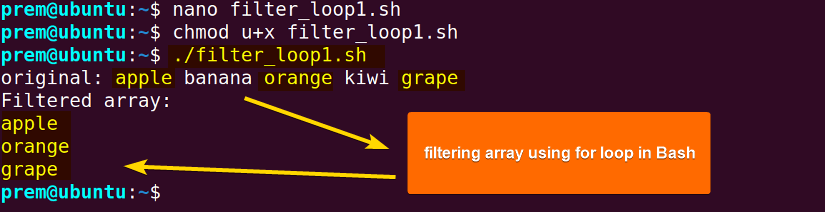 bash filter array with for loop