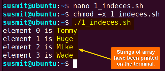 The for loop has accessed all the elements of string array.