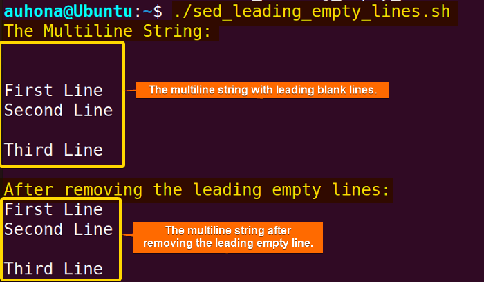Removes the leading blank line using the sed command