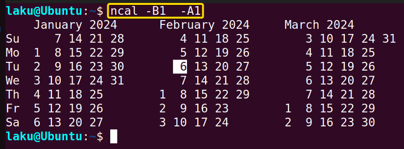 ncal command with options and parameters