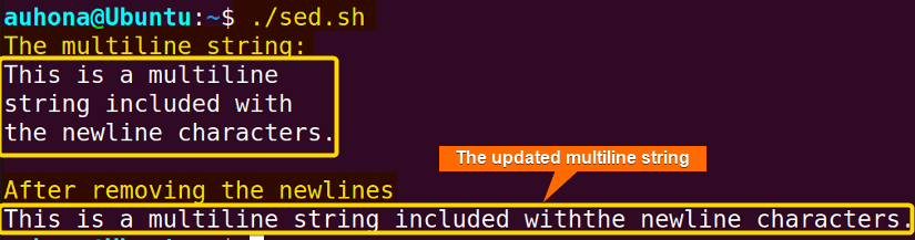 Deletes the newline characters using the "sed" command.