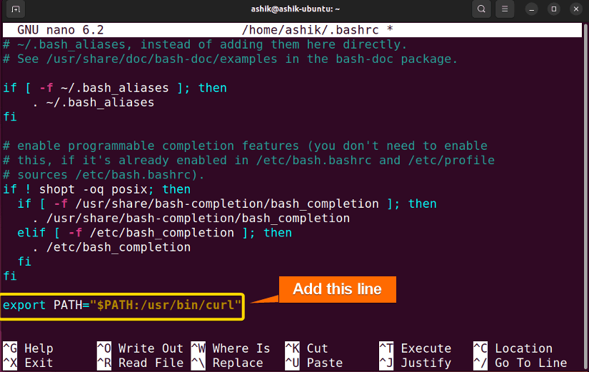 adding curl path variable to bashrc file