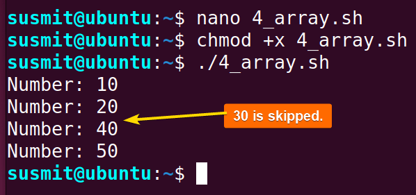 The continue statement inside the while loop has skipped the array element 30.