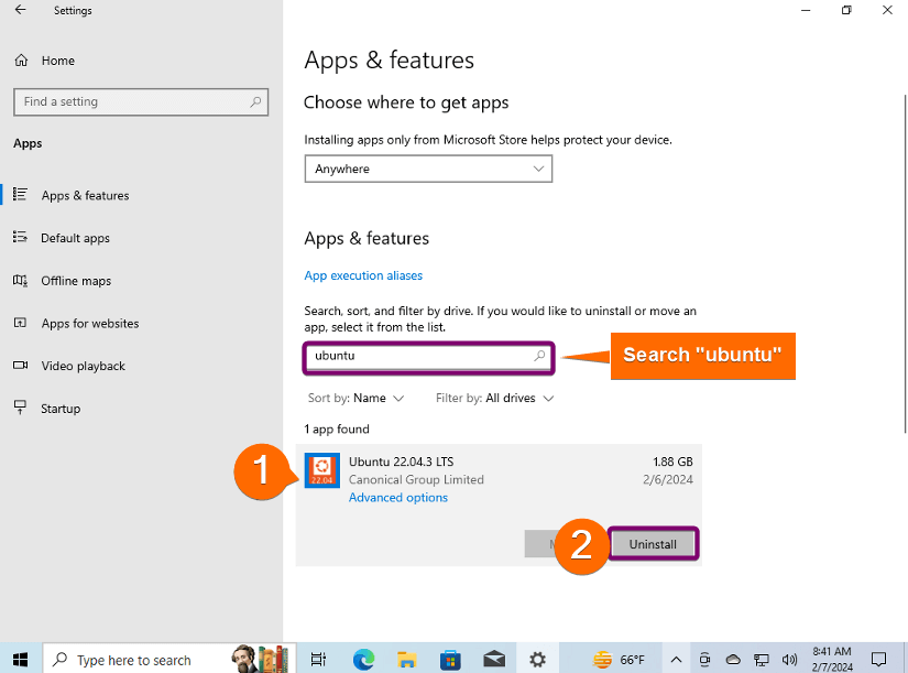 Uninstall Ubuntu from settings