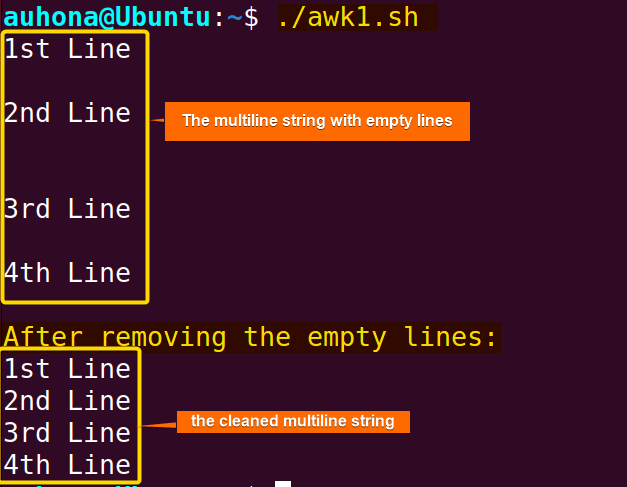 Bash remove the empty lines using the awk command.
