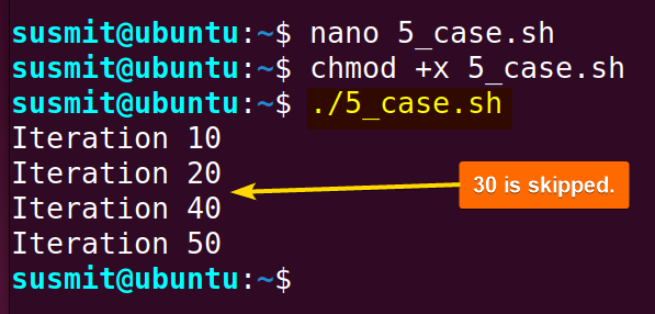 The case statement inside the while loop has skipped the array element 30.