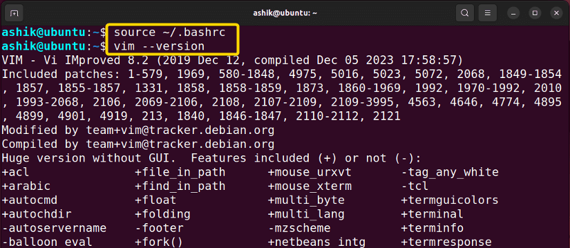 executing bashrc file and checking vim version