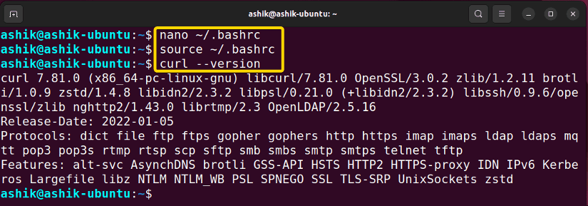 executing bashrc file and checking curl version