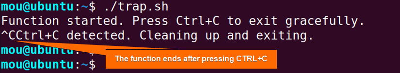 exit bash function using trap command