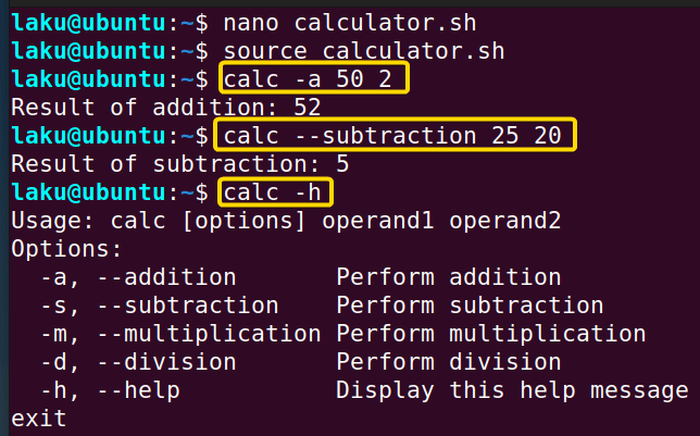 User-defined command with options and parameters