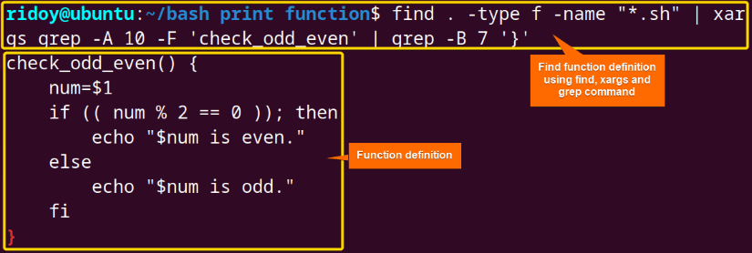 check the bash script function's definition using the find, xargs and grep command from a directory