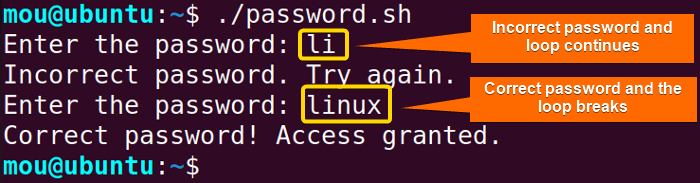 break bash while loop based on correct password