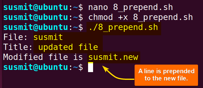 A line is prepended to the new file.