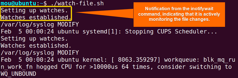 monitoring file changes using one line while loop in bash