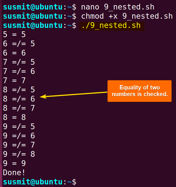 Equality of two numbers is checked.