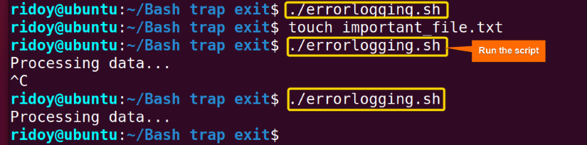 log all errors and status information into a log file before script exit