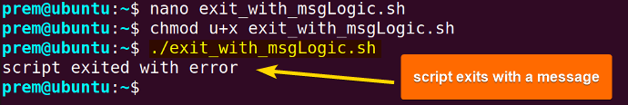 bash exit with message using or operator 