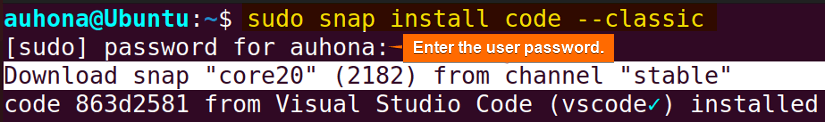 Installing VSCode in Linux using snap.