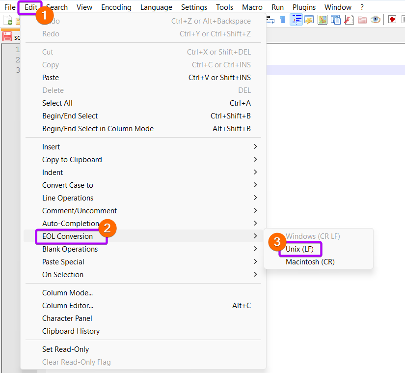  Change the file type from CRLF to LF