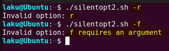 Error handing in silent mode of getopts command in Bash